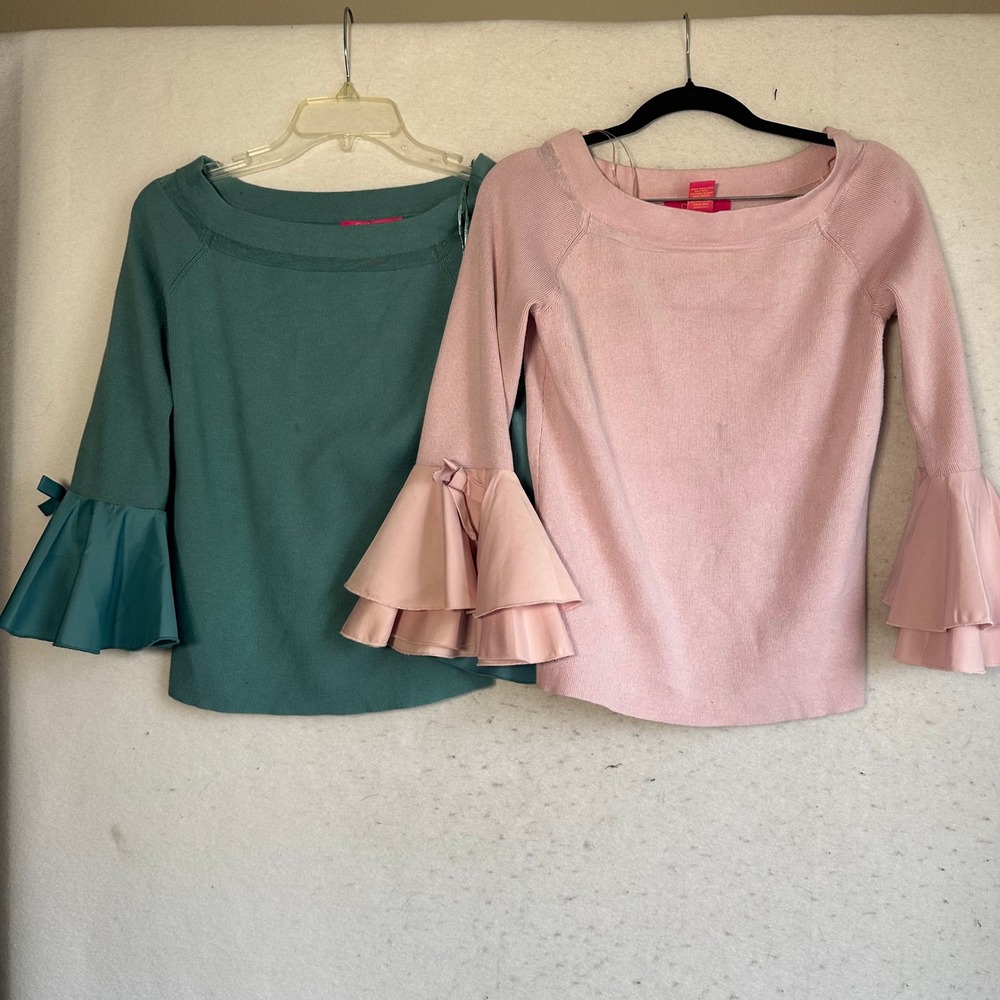 Catherine Catherine Malandrino Bell Sleeve Sweater Set Pink Teal Green Medium